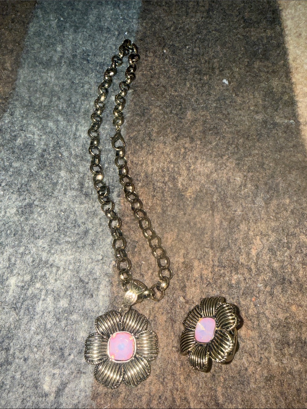Silver-Tone Flower Necklace and Stretch Ring Set with Pink Opal Accents